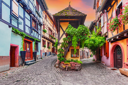 Eguisheim, France. One of the pearls of Alsace, an authentic fairytale place, most beautiful villages of France.