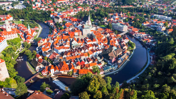 Cesky Krumlow, Czech Republic - Drone view of old town in Bohemia stock photo