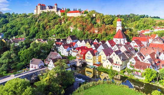 Harburg, Germany. Aerial view of charming small village and castle on Romantic Road scenic route, historical Swabia.