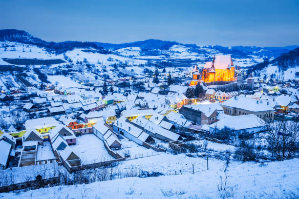 Biertan, Romania. Winter rural landscape in Transylvania. stock photo