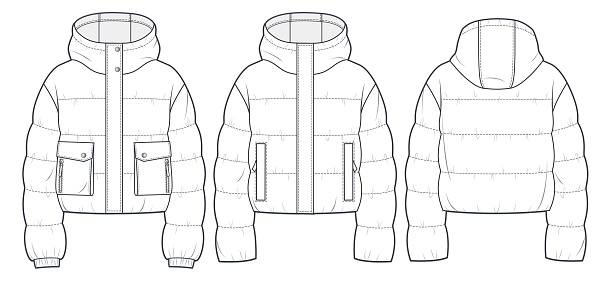 Jacket Plan View Hooded Puffer Jacket Technical Fashion Illustration Cropped Down Jacket ...