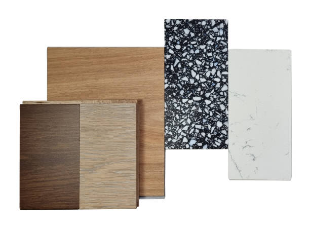 istock interior material samples contains oak and walnut engineering flooring tiles, wooden vinyl tiles, black terrazzo artificial stone, white carrara marble isolated on white background with clipping path. 1432942837