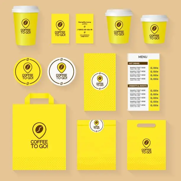 Vector illustration of Coffee shop corporate identity template design set with coffee to go logo and coffee grain. Restaurant cafe set card, flyer, menu, package, uniform design set. Vector Illustration