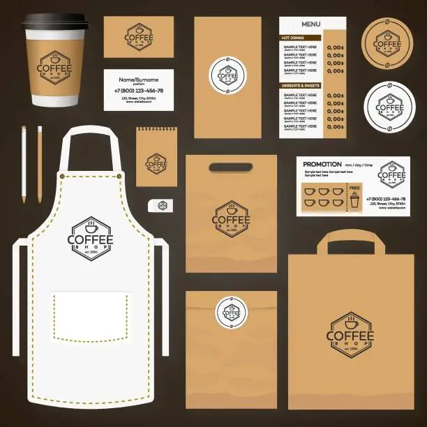 Vector illustration of Coffee house corporate identity template design set with coffee shop logo and cup of coffee. Restaurant cafe set card, flyer, menu, package, uniform design set. Vector Illustration