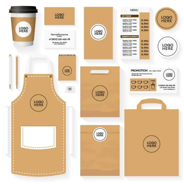 Vector illustration of Coffee house corporate identity template design set. Restaurant cafe set card, flyer, menu, package, uniform design set. Vector Illustration