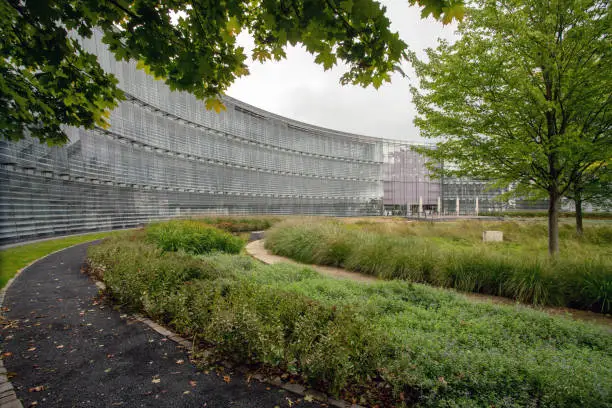 09-19-2022  Leverkusen , Germany.  Amazing garden on inner side of Main Office Building of Bayer - warm September as summer!