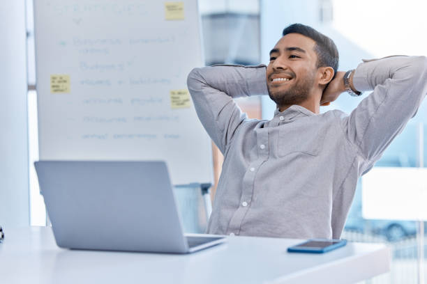 istock Success, happy and relax business man content on a work break at his office computer. Corporate fintech businessman professional thinking about a trading career idea, salary bonus or job promotion 1432944224