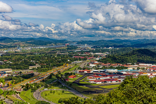 daylight panorama of the nice Panama canal from Ancòn Hill with Puente Centenario