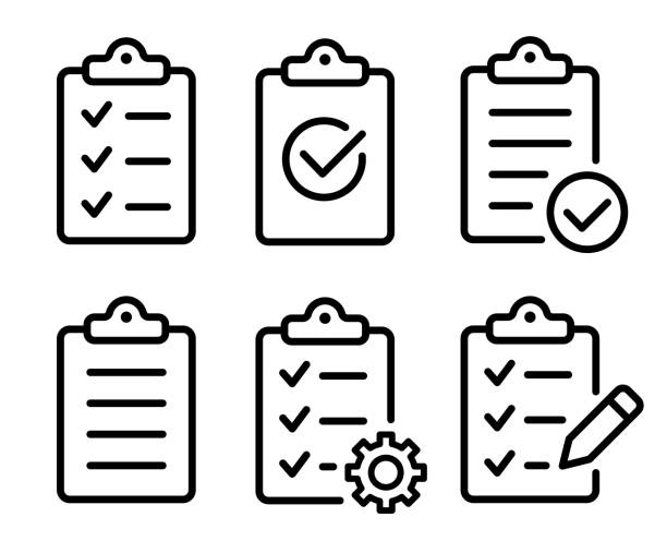 ilustraciones, imágenes clip art, dibujos animados e iconos de stock de conjunto de iconos del portapapeles. lista de verificación en el icono de línea del portapapeles con marcas de verificación, lista de verificación, documento, engranaje, lápiz. iconos de contorno del portapapeles. símbolo de lista de verificación. t - report