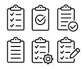 istock Clipboard icon set. Checklist on the clipboard line icon with checkmarks, checklist, document, gear, pencil. Clipboard outline icons. Checklist symbol. Editable stroke. Isolated. Vector illustration 1432945630