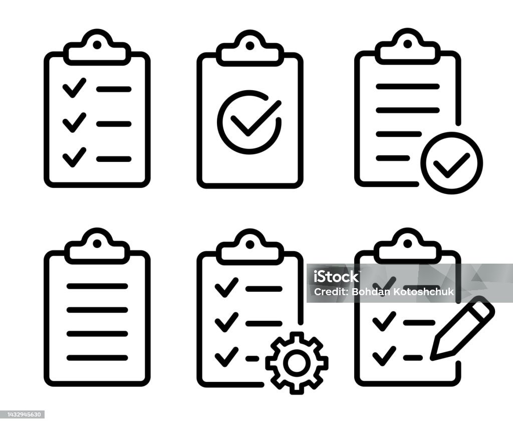 Clipboard icon set. Checklist on the clipboard line icon with checkmarks, checklist, document, gear, pencil. Clipboard outline icons. Checklist symbol. Editable stroke. Isolated. Vector illustration Clipboard icon set. Checklist on the clipboard line icon with checkmarks, checklist, document, gear, pencil. Checklist symbol. Editable stroke. Isolated. Icon Symbol stock vector