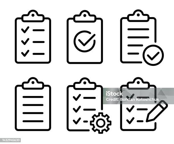 Clipboard Icon Set Checklist On The Clipboard Line Icon With Checkmarks Checklist Document Gear Pencil Clipboard Outline Icons Checklist Symbol Editable Stroke Isolated Vector Illustration Stock Illustration - Download Image Now