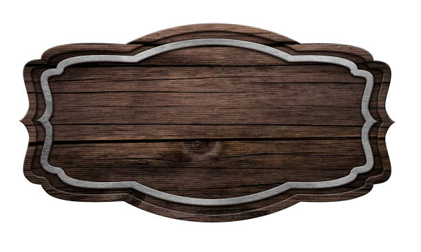 Wooden signboard highlighted with dark wood with iron stripes on a white background