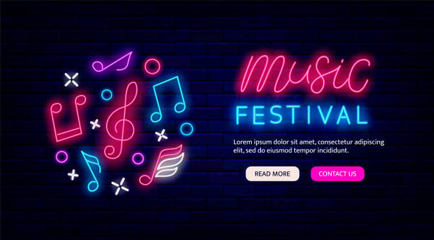 Music festival neon flyer promotion. Website landing page. Circle layout with musica notes. Vector illustration Music festival neon flyer promotion. Website landing page. Circle layout with musica notes. Glowing greeting card. Light advertising. Vector stock illustration neon music notes stock illustrations