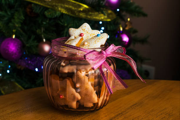 Close up view of plate with tasty Christmas cookies