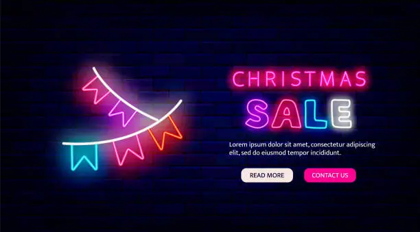 Vector illustration of Merry Christmas sale neon promotion. Landing page template. Garland icon. Vector stock illustration