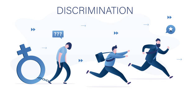 Discrimination, concept. Businessmen fast run ahead and unhappy business woman is chained to a gender sign. Inequality, sexism. Gender gap. Horizontal banner. vector art illustration
