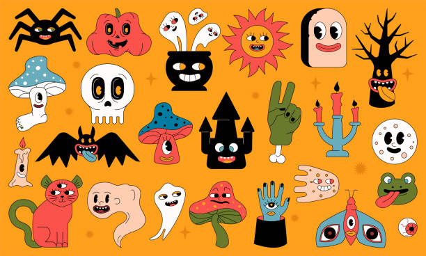 Stylized as an old cartoon set of Halloween characters. Outlined vector funny shapes. vector art illustration