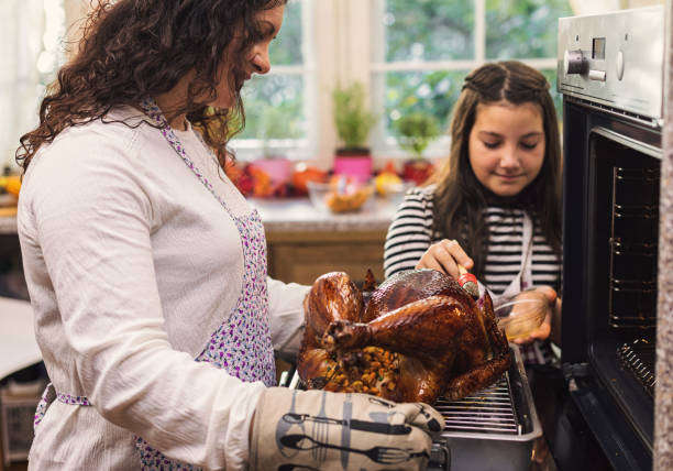 istock Preparing stuffed turkey for Thanksgiving dinner, daughter helping mother to baste turkey 1432953786