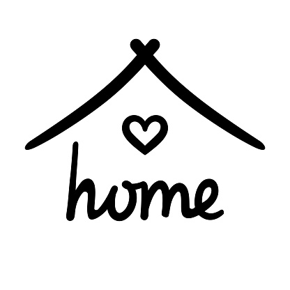 Vector Doodle Line Drawing of a House Roof with a Heart and the Lettering Home. The Concept of Loving Your Home Isolated on a White Background. Romantic Decorative Element, Sticker, Icon, Logo.