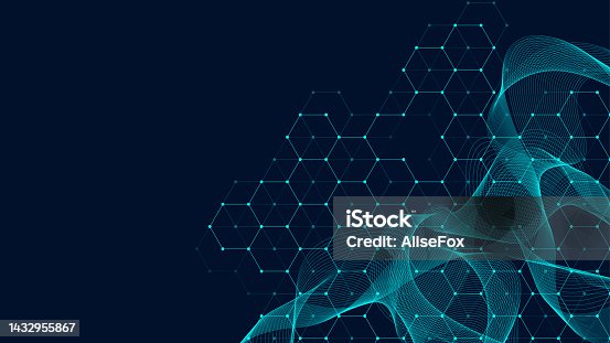 istock Technology abstract lines and dots connect background with hexagons. Hexagon grid. Hexagons connection digital data and big data concept. Hex digital data visualization. Vector illustration. 1432955867