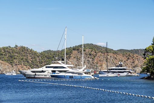 Yachts moored in the bay of Göcek island in Mugla Province, Turkey.