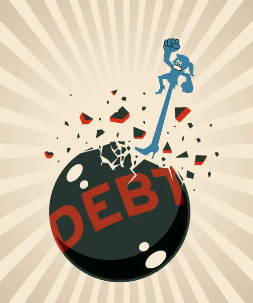 Vector illustration of A woman breaks an iron debt ball with her powerful leg