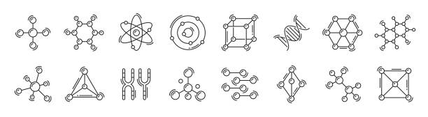 ilustrações de stock, clip art, desenhos animados e ícones de atom, dna, chromosome and molecule outline icons - atom science symbol molecule