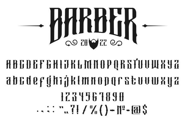 Barber shop old font, vintage type alphabet Barber shop old font, vintage type alphabet or typeface, barber typography. Barbershop font or script text labels with numbers, ABC letters and signs, hipster or barber shop retro type alphabet tattoo stock illustrations