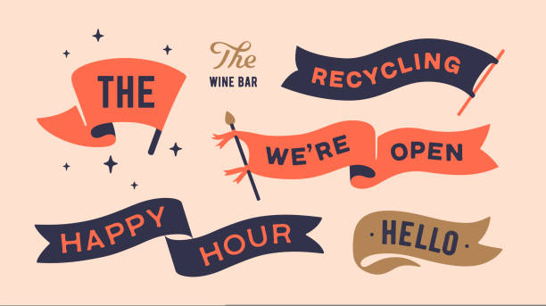 Set vintage graphic Set vintage graphic. Ribbon, flag, board with text We are Open, Happy Hour, Hello. Isolated vintage old school set ribbon banner. Retro set vintage flag, ribbon, graphic. Vector Illustration flag stock illustrations