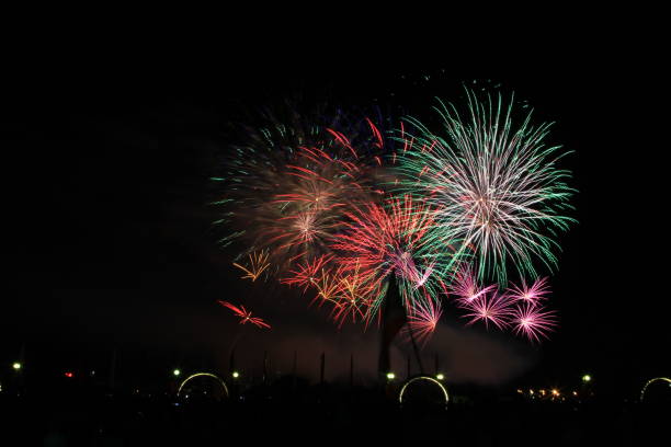 istock Multicolored fireworks in the dark sky, city day celebration. 1432963362