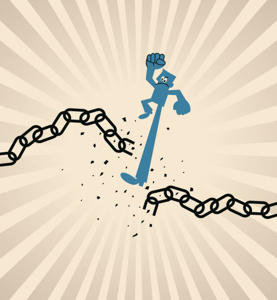 A man breaks an iron chain with his powerful leg, the concept of breakthrough, revolution, conquering adversity, breaking the rules,  innovative force, and escaping from bondage Blue Cartoon Characters Design Vector Art Illustration.
A man breaks an iron chain with his powerful leg, the concept of breakthrough, revolution, conquering adversity, breaking the rules,  innovative force, and escaping from bondage. breaking glass ceiling stock illustrations