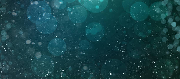 Magical Winter Dark Teal Blue, Green and Black Panoramic Abstract Background with Snow and Defocused Bokeh Lights