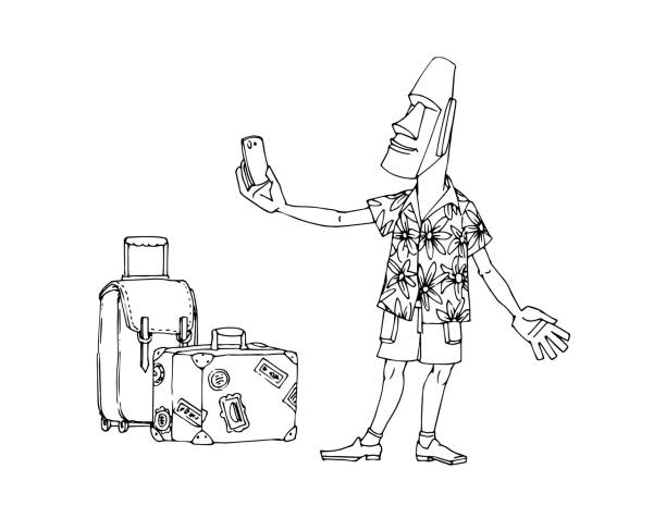 mężczyzna z wyspy wielkanocnej podróżuje. posąg moai w hawajskiej koszuli. - travel suitcase hawaiian shirt people traveling stock illustrations