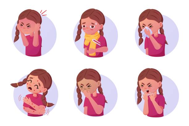 Flu fever. Kid coughing and sneezing. Illness symptoms set. Diseases and ailments. Children allergy. Girl character in cold, measles or asthma. Vector isolated cartoon unwell persons Flu fever. Ill kid coughing and sneezing. Illness symptoms set. Diseases and ailments. Children allergy. Unhealthy character. Girl in cold, measles or asthma. Vector isolated cartoon unwell persons measles illustrations stock illustrations