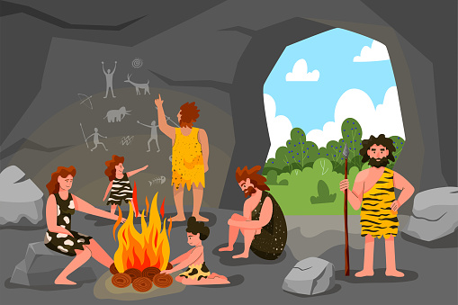 Primitive tribe cave people. Stone age. Primal painting. Ancient tribesmen. Rock drawing. Man and woman around bonfire. Food in fire. Garish illustration. Vector Prehistoric composition