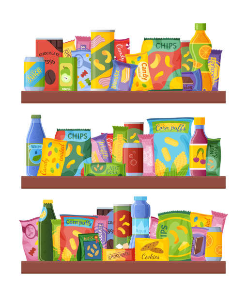 illustrations, cliparts, dessins animés et icônes de étagères à collations. épicerie alimentaire. étagère de bar à boissons. conserver avec un paquet de bonbons et des bouteilles de jus sur les étagères. vente dans la boutique du marché. sacs de chips. les cookies s’enveloppent. vector cartoon nu - chocolate candy bar chocolate candy foil