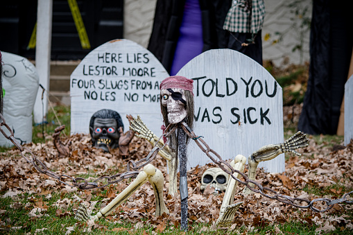 there is a mock graveyard that has been set up on the front yard for halloween in winnipeg Manitoba Canada