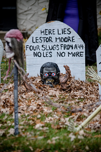 there is a mock graveyard that has been set up on the front yard for halloween in winnipeg Manitoba Canada