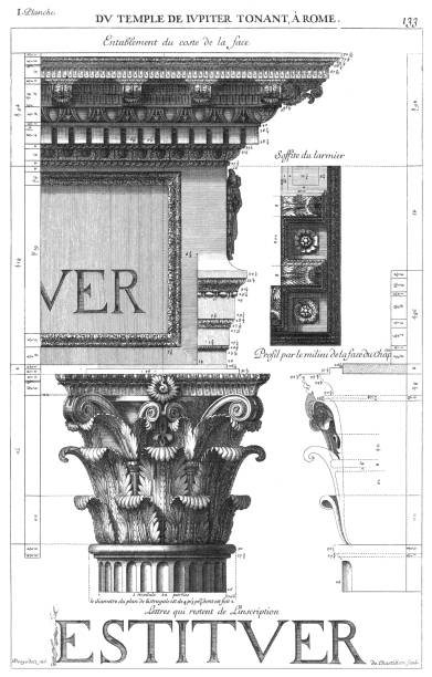 ilustraciones, imágenes clip art, dibujos animados e iconos de stock de desde el templo de júpiter tonant en roma, entablamento del lado de la cara, plafón de goteo, perfil por el centro de la cara del capitel y letras que quedan de la incripción, por los antiguos edificios de roma 1682. - dripstone