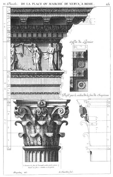 ilustraciones, imágenes clip art, dibujos animados e iconos de stock de desde la plaza o mercado de nerva en roma, perfilado por el centro de la cara de la capital y plafón de la piedra de goteo, por los antiguos edificios de roma 1682. - dripstone