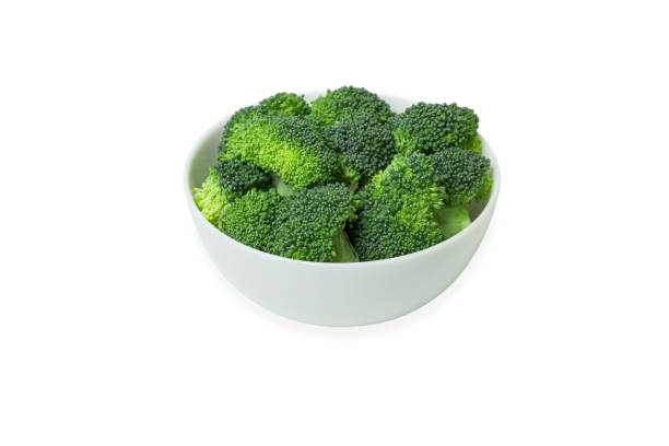 istock Broccoli fresh green pieces in a bowl isolated on white background. 1432969179