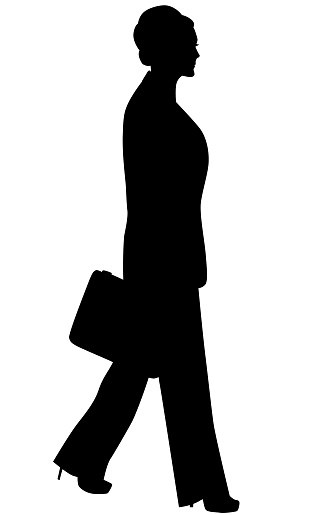 black and white vector silhouettes of business women with briefcase, clipart