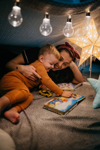 Mom and son under the tent