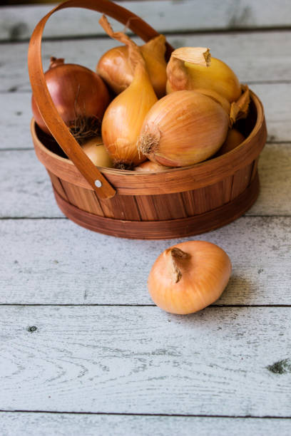 Golden onions in wicker basket on rustic wooden background