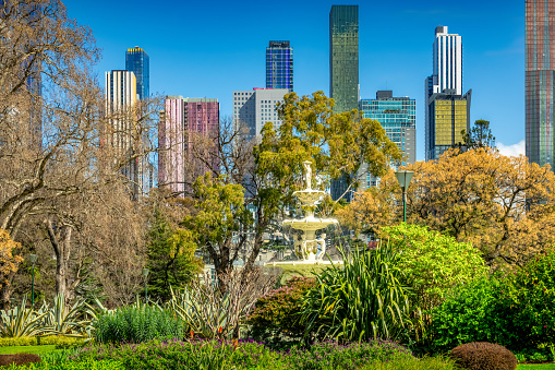 Carlton Gardens Park and the Skyline of Downtown Melbourne, Victoria, Australia.