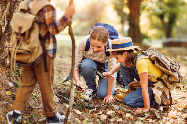 istock Happy mother and two   children in   with backpacks examining environment through magnifying glass in forest 1432974601