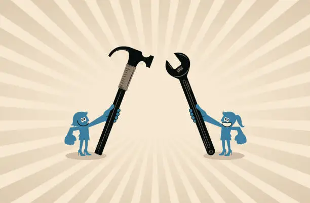 Vector illustration of Two happy women holding an adjustable wrench and hammer