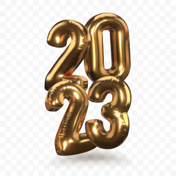 Vector illustration of Happy New Year 2023 Metallic Gold Foil Balloons. Balloons number in realistic 3d style isolated on transparent background. Ideal for greeting card, party invitation, banner. Vector eps 10.