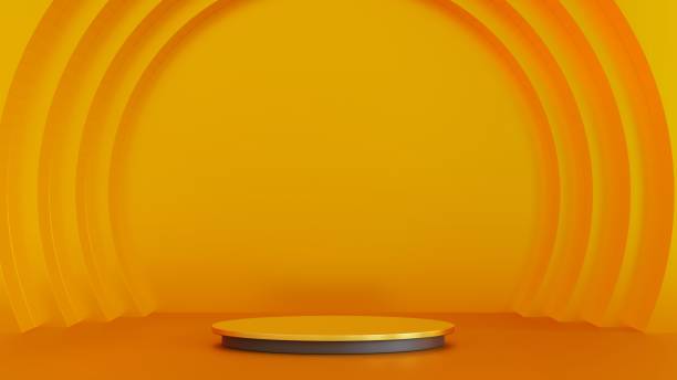 istock Yellow cylinder podium with yellow circle niche wall, stage for product, 3D rendering. 1432975966